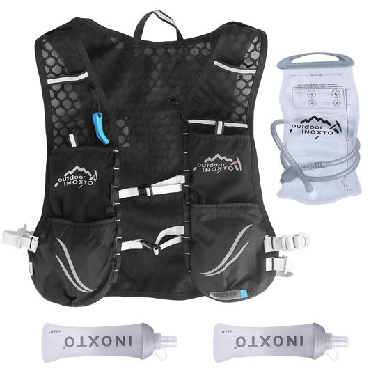 Black hydration vest with water bladder and tubes on a white background