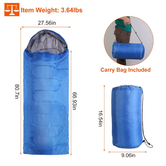 Sleeping bag laid flat with labeled dimensions and packed carry bag shown