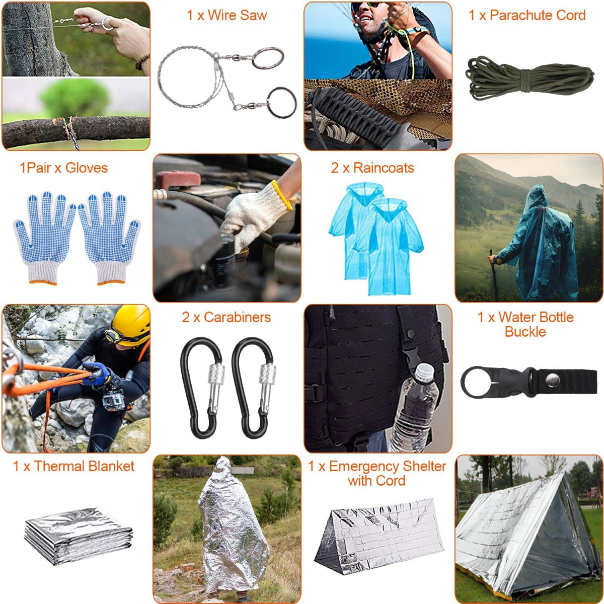Collage of outdoor survival gear including wire saw, parachute cord, gloves, raincoats, carabiners, water bottle buckle, thermal blanket, emergency shelter, and car.
