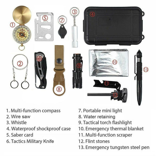 14-in-1 Outdoor Emergency Survival Kit - Tactical Gear, EDC SOS Tools, First Aid, Camping & Hiking Essentials for Car Home…, angled view