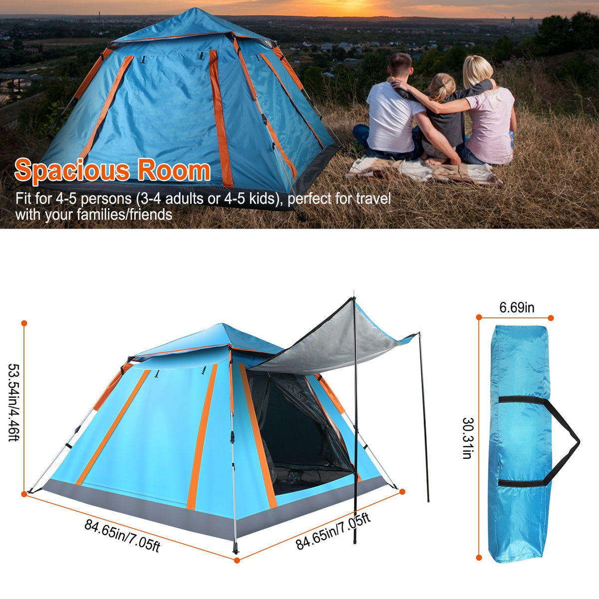 Blue 4–5 Person Camping Tent with Front Shade Canopy