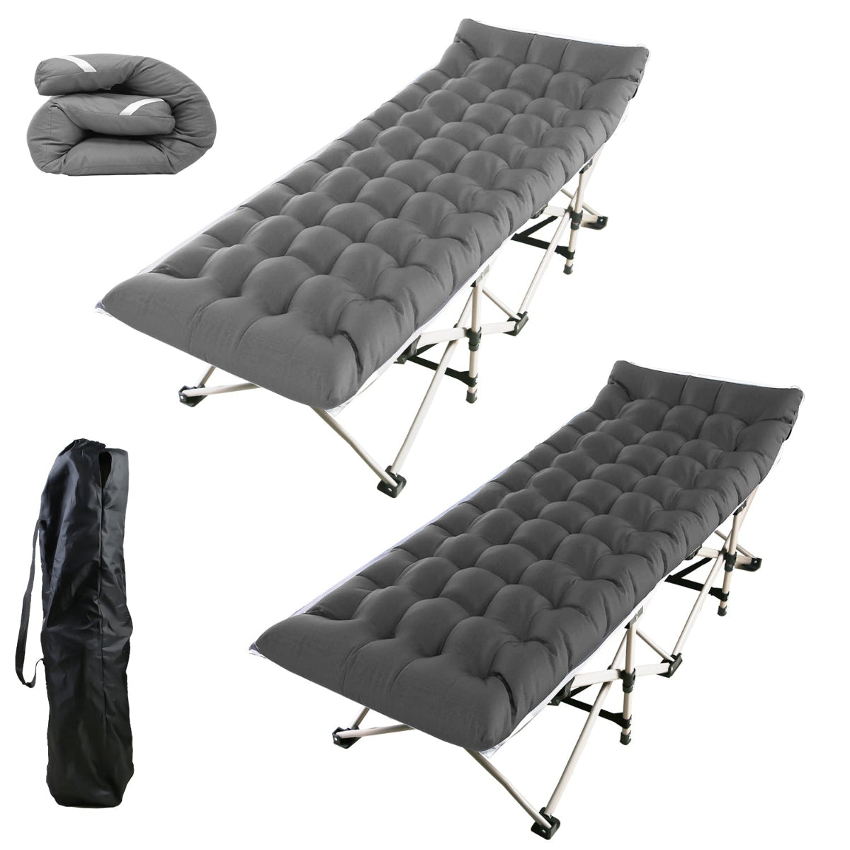 Gray camping cot with carrying bag on a white background