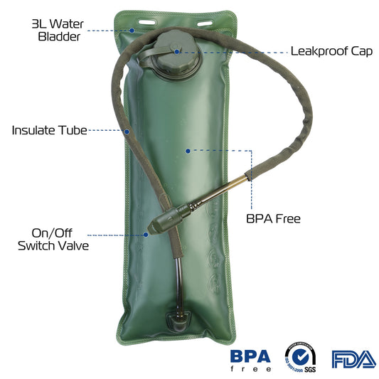 Green water bladder with labeled parts on a white background