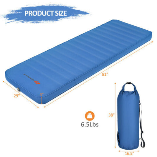 Inflatable Camping Sleeping Pad – 4" Thick, TPU Waterproof Mat — blue, pads, angled view