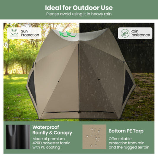 4–6 Person Pop-Up Camping Tent – Olive Green Shelter with Rainfly & Skylight — tents, angled view
