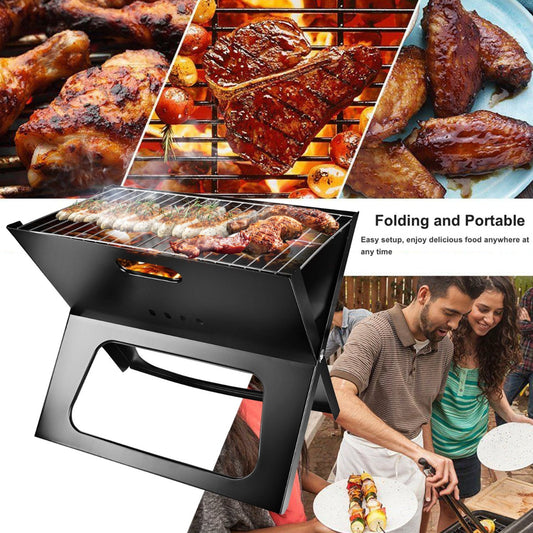 Collage of grilling scenes with food and a folding portable grill.