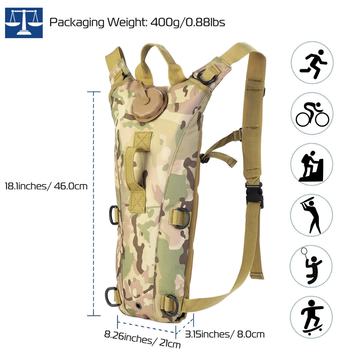Camouflage hydration backpack with measurements and icons on a white background