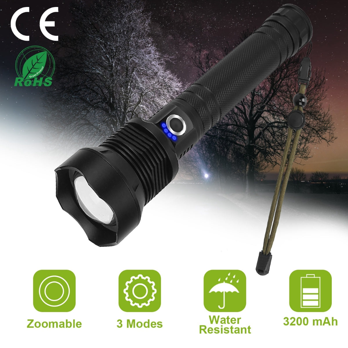 Flashlight displayed outdoors at night with icons indicating basic features
