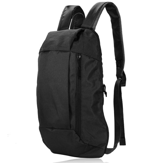 A black nylon backpack with a single shoulder strap, shown from a three-quarter angle against a plain white background.