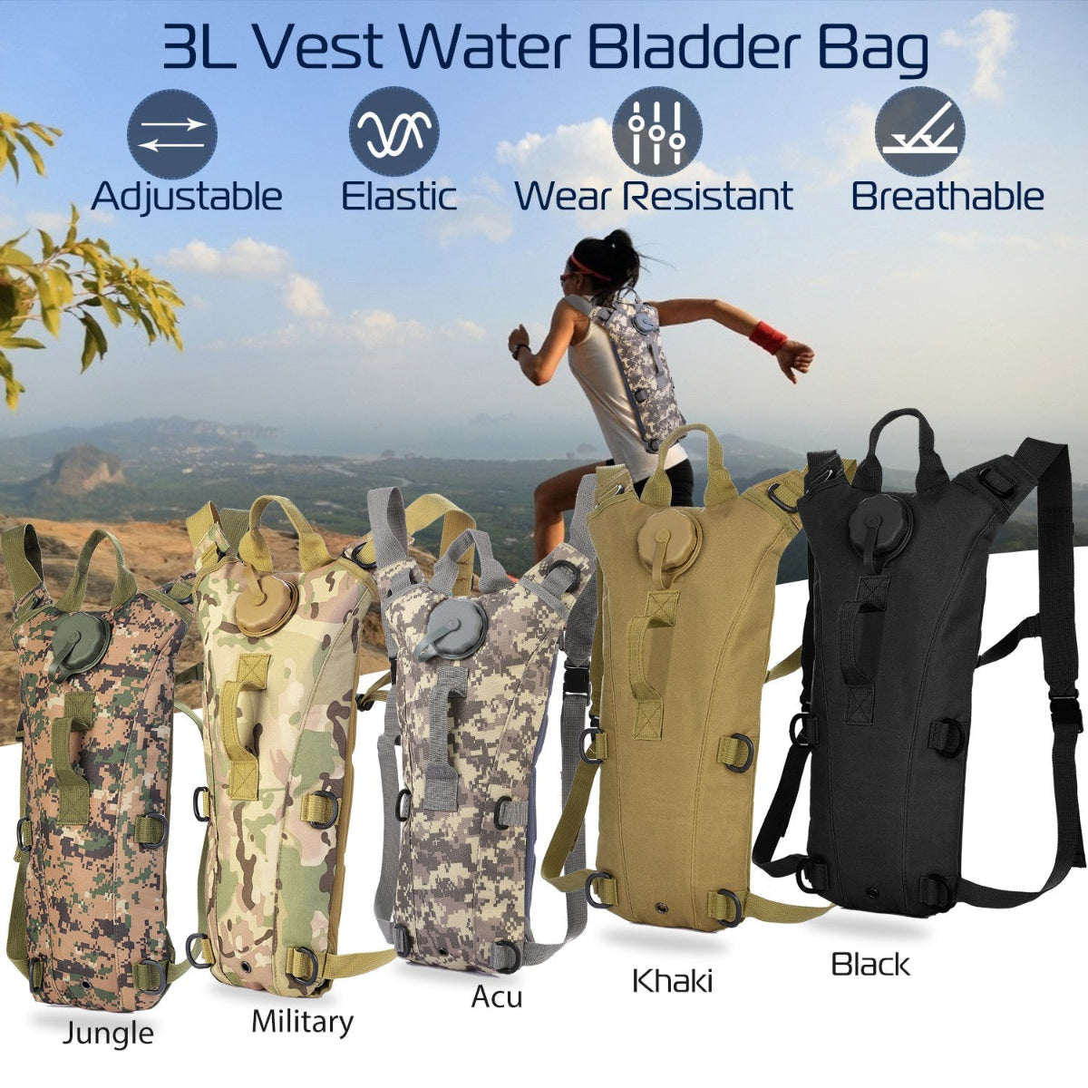 The five available colors of the vest water bladders with a person running in the background.