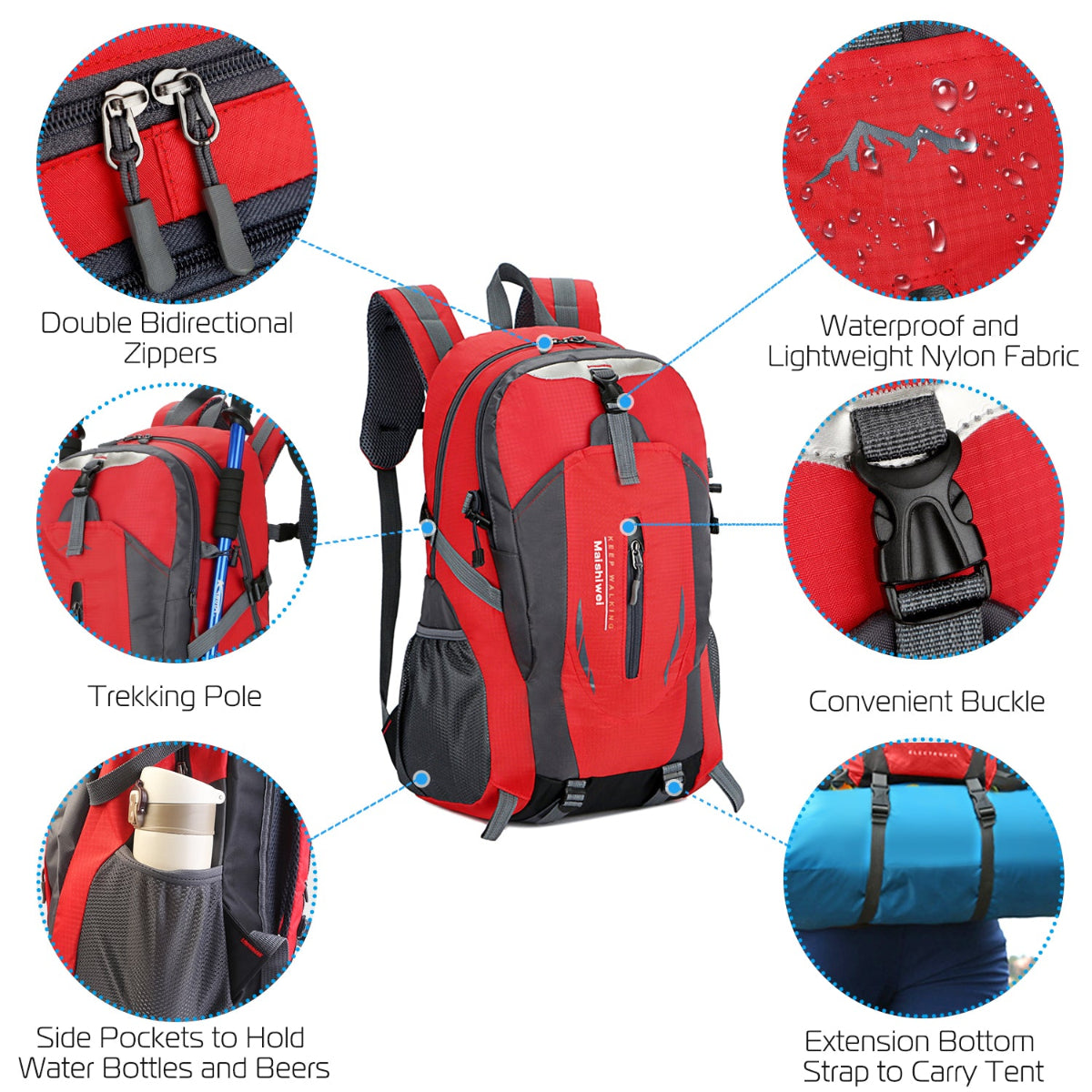 Red and black backpack with features highlighted on a white background