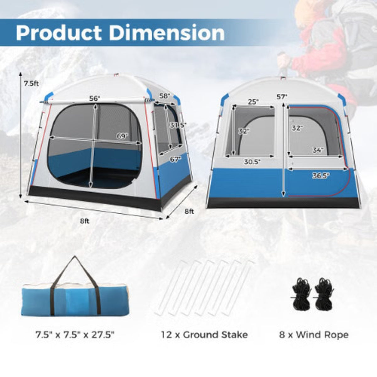 5-Person Dome Camping Tent – Waterproof Shelter with Dual Doors & Mesh Windows (Blue/White) — tents, detail