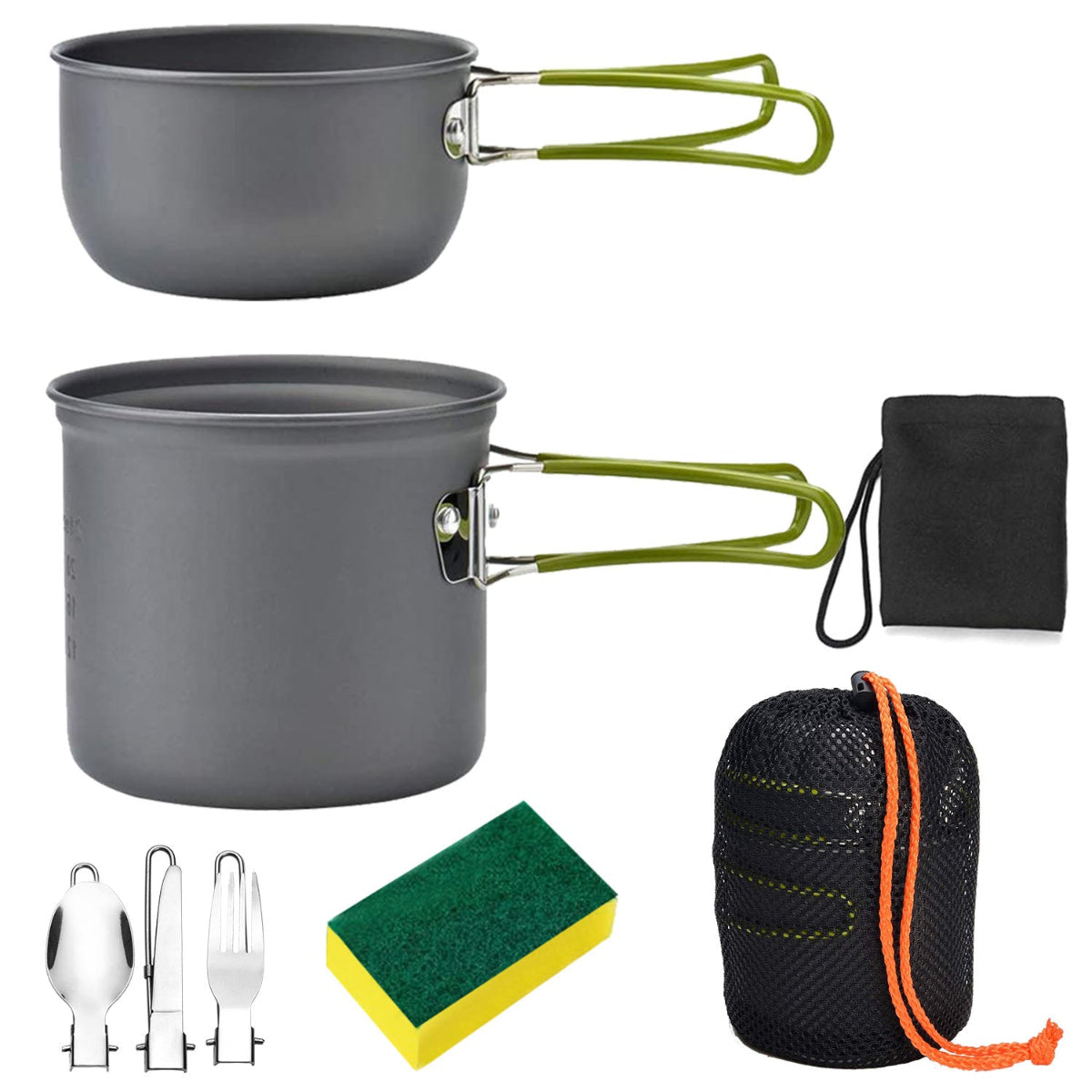 Camping cookware set with pots, utensils, and cleaning sponge on a white background