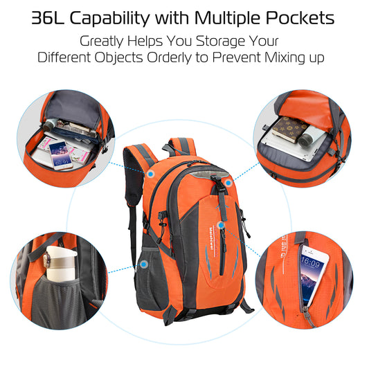 Orange and black backpack with multiple pockets and items inside, on a white background.
