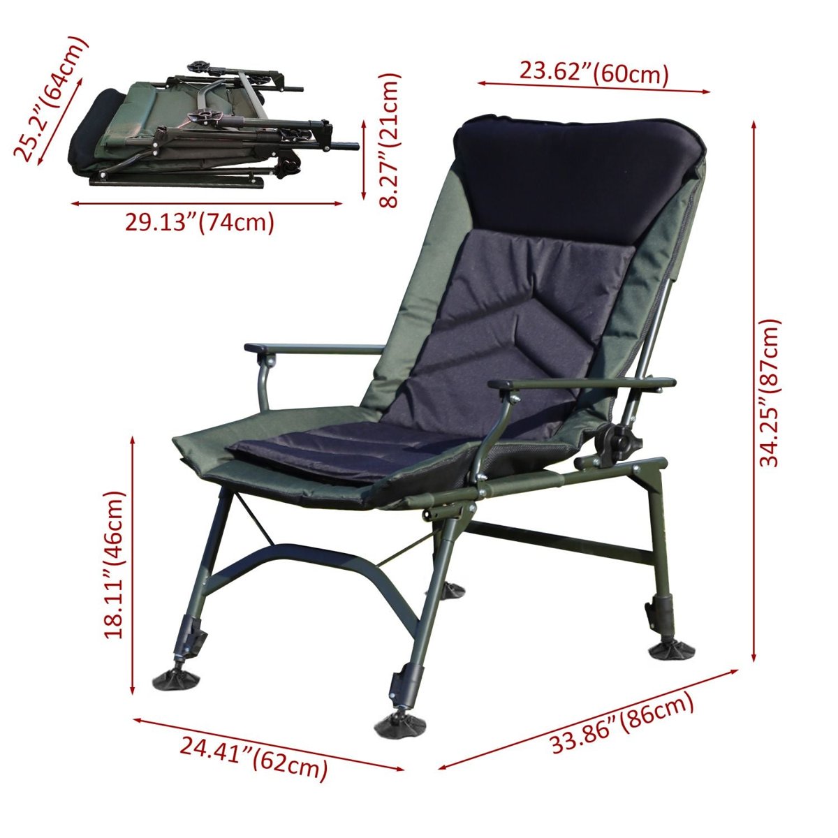 Adjustable Reclining Camping Chair – Foldable with Cushion, 330LBS Capacity (Black/Green) — folding chairs
