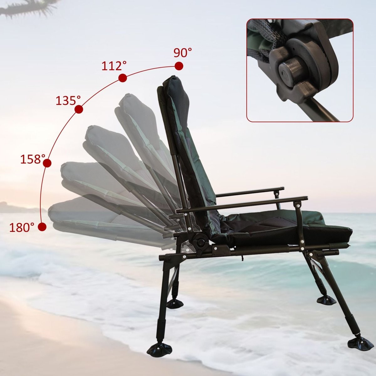 Adjustable Reclining Camping Chair – Foldable with Cushion, 330LBS Capacity (Black/Green) — folding chairs, view 7