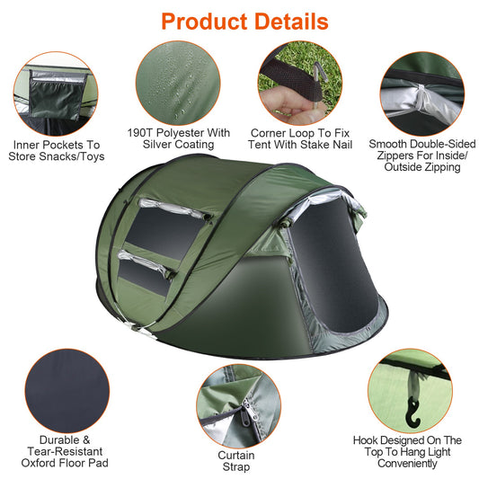 Green camping tent with product details on a white background