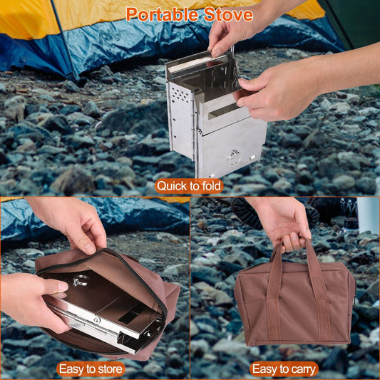 Collage of a portable stove being folded, stored, and carried with camping background.