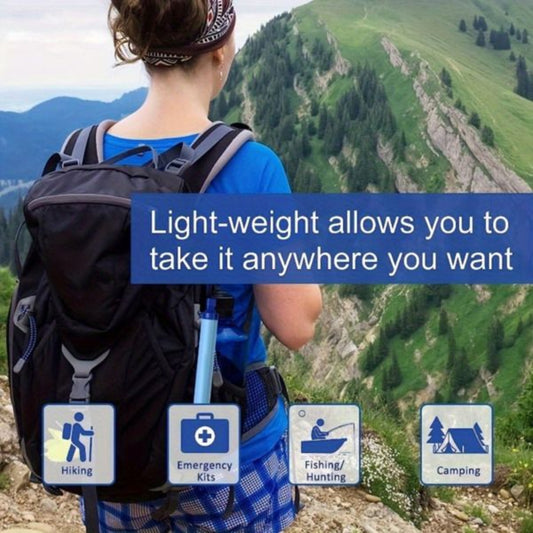 Person with a backpack in a mountainous landscape, highlighting features like hiking, emergency kits, fishing/hunting, and camping.