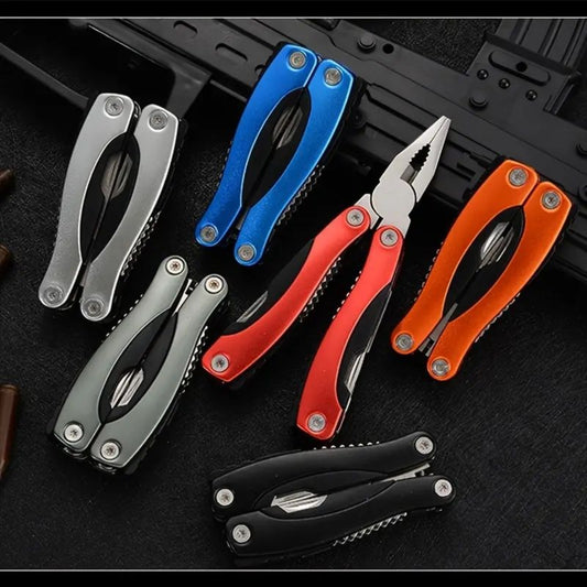 Set of multi-tool knives in various colors on a dark surface