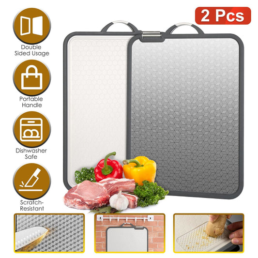 Two gray cutting boards with features and uses displayed on a white background