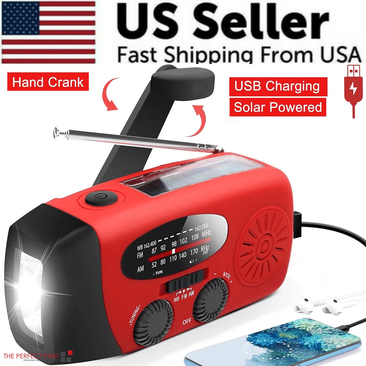 Emergency Crank & Solar Weather Radio - 1000mAh Power Bank + Flashlight — tools kits, front view