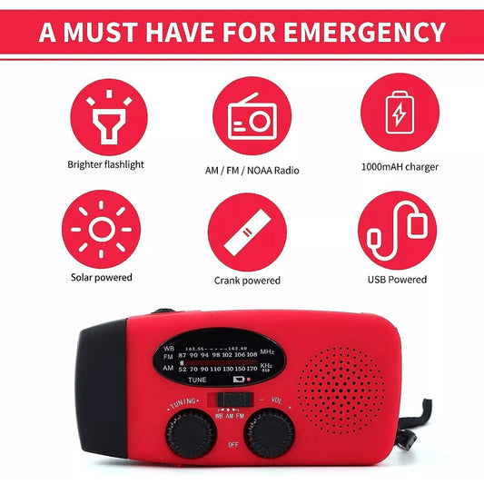 Emergency Crank & Solar Weather Radio - 1000mAh Power Bank + Flashlight — tools kits, angled view