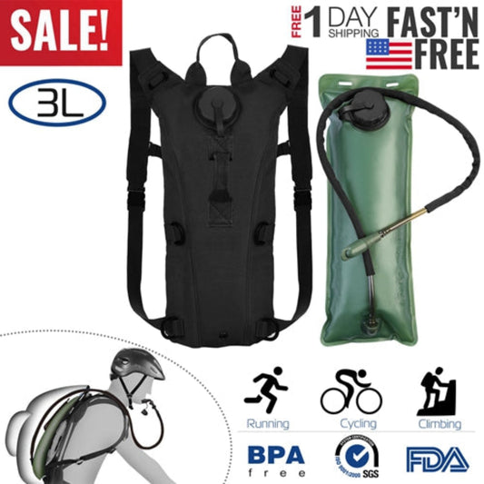 Black hydration backpack and green bladder with sale and shipping information on a white background
