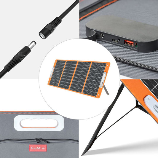 Flashfish 100W Foldable Solar Panel Charger (18V DC, QC3.0, 65W USB-C PD) — panels, angled view