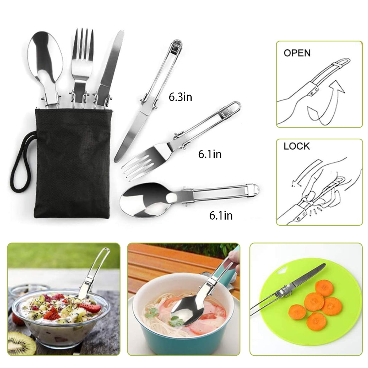 Foldable camping spoon, fork and knife with storage pouch