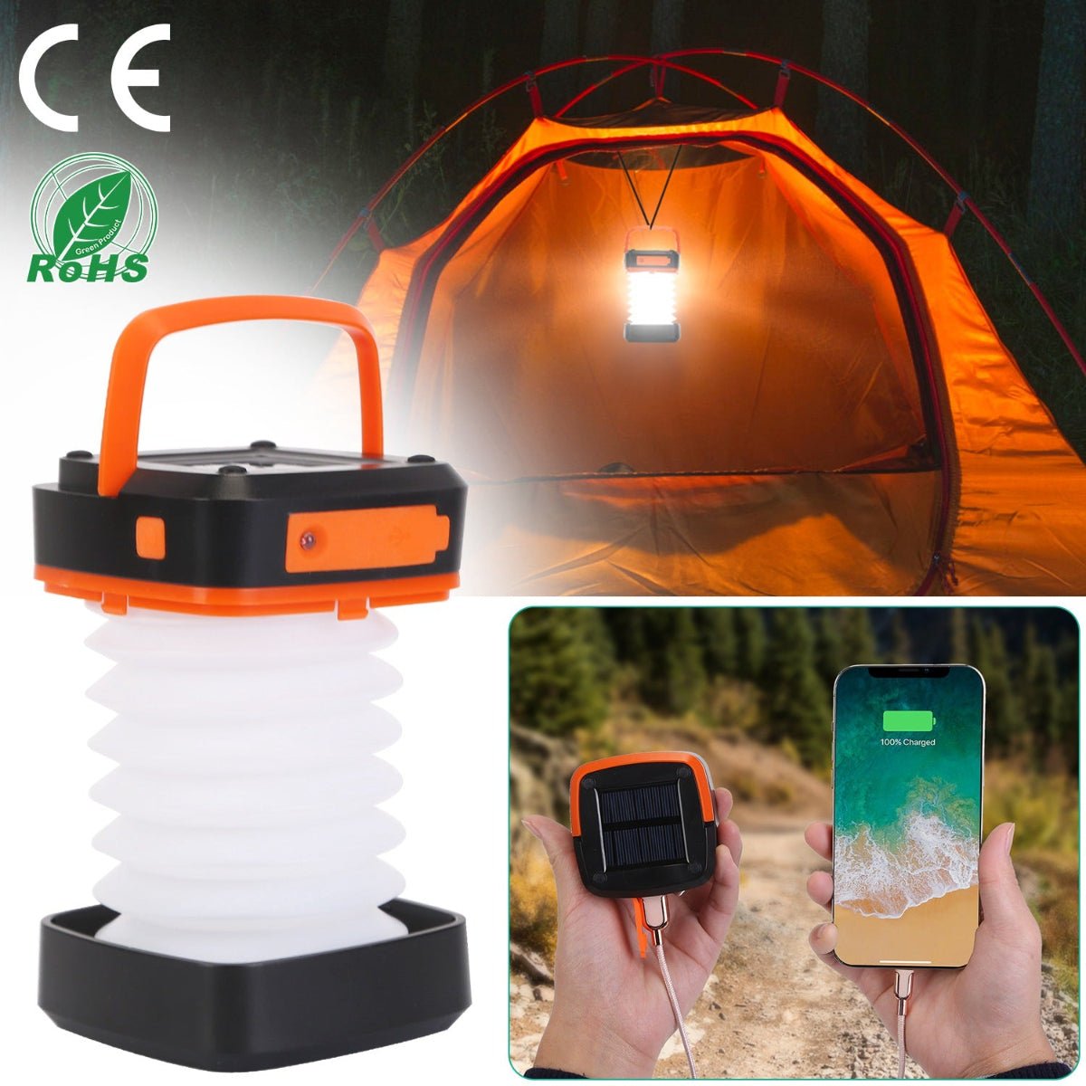 Lantern hanging inside a tent with additional close-up views of solar charging use
