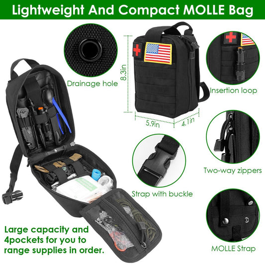 Open survival first aid kit with organized compartments and tools inside