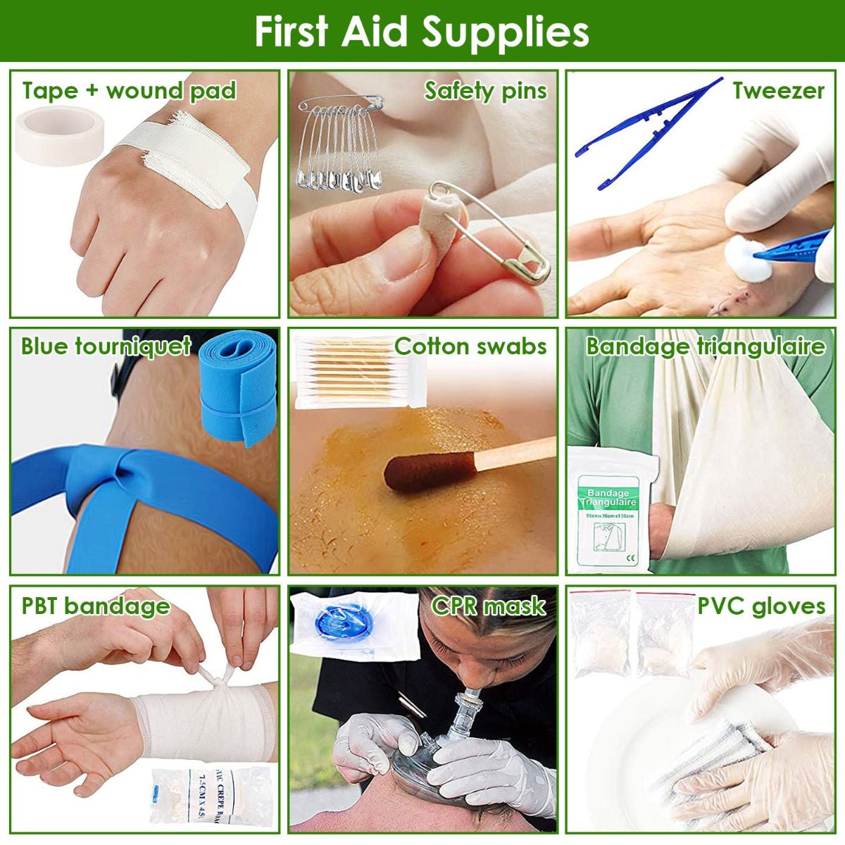 Close view of individual first aid items arranged for emergency use