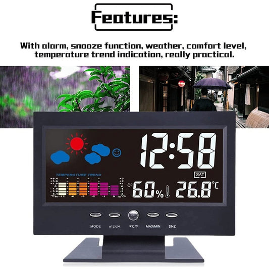 LED Digital Alarm Clock - Snooze, Calendar, Temp & Humidity (Weather Display) — clocks, angled view