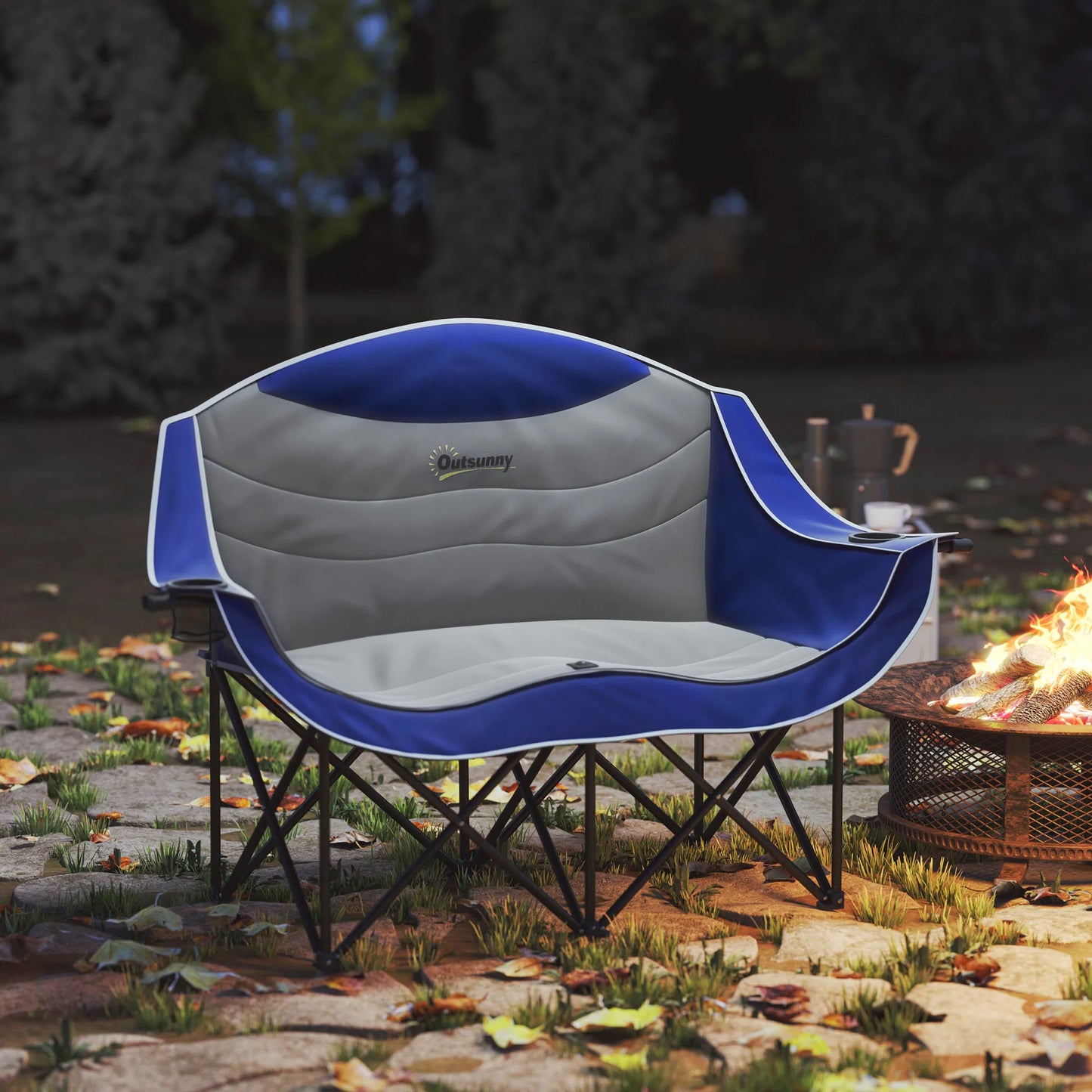 Outsunny Padded Double Camping Chair with Armrests, Cup Holders, Carry Bag for Outdoor-Black