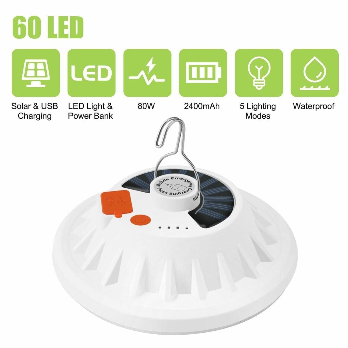 Rechargeable 60-LED Camping Lantern - USB & Solar Tent Light — lights lanterns, back view