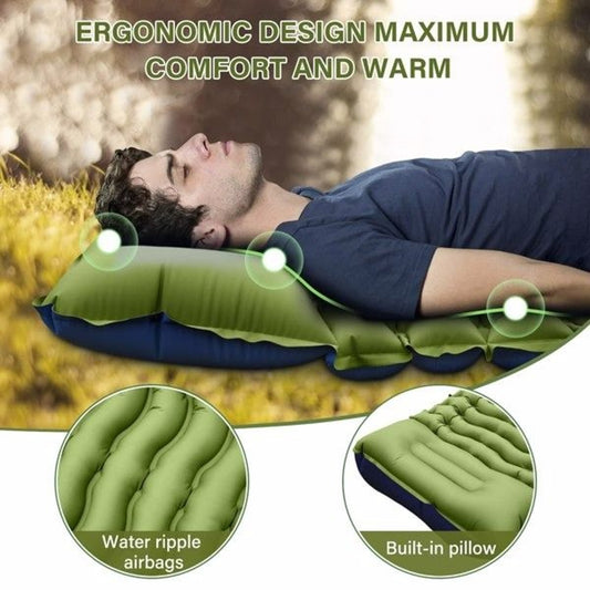 Single Inflatable Camping Mattress – Built-In Pillow + Foot Pump — sleeping pads, angled view