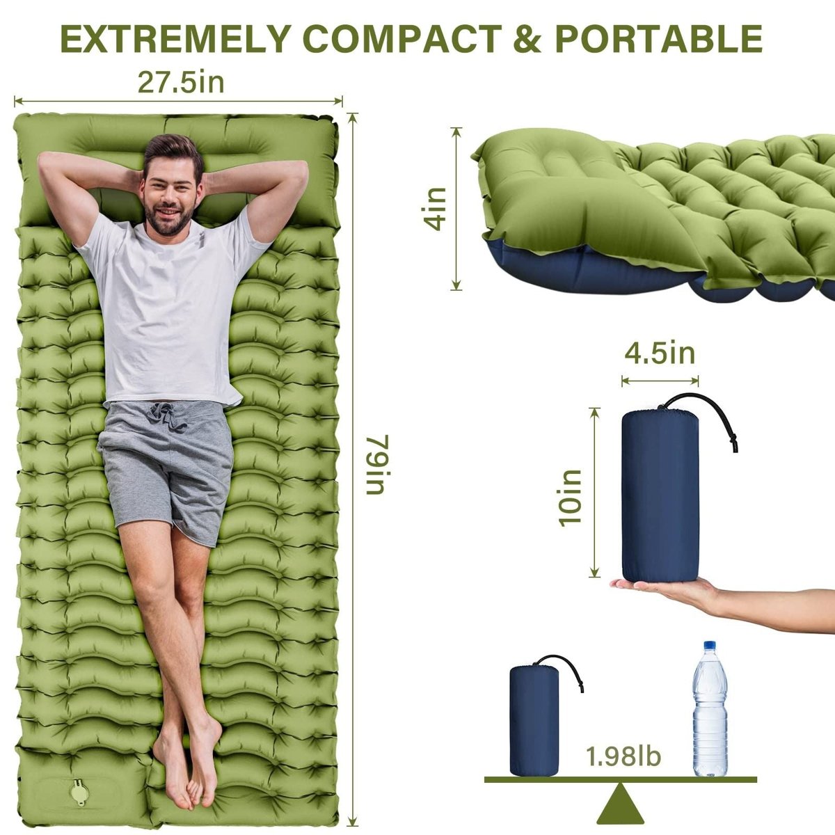 Single Inflatable Camping Mattress – Built-In Pillow + Foot Pump — sleeping pads, back view