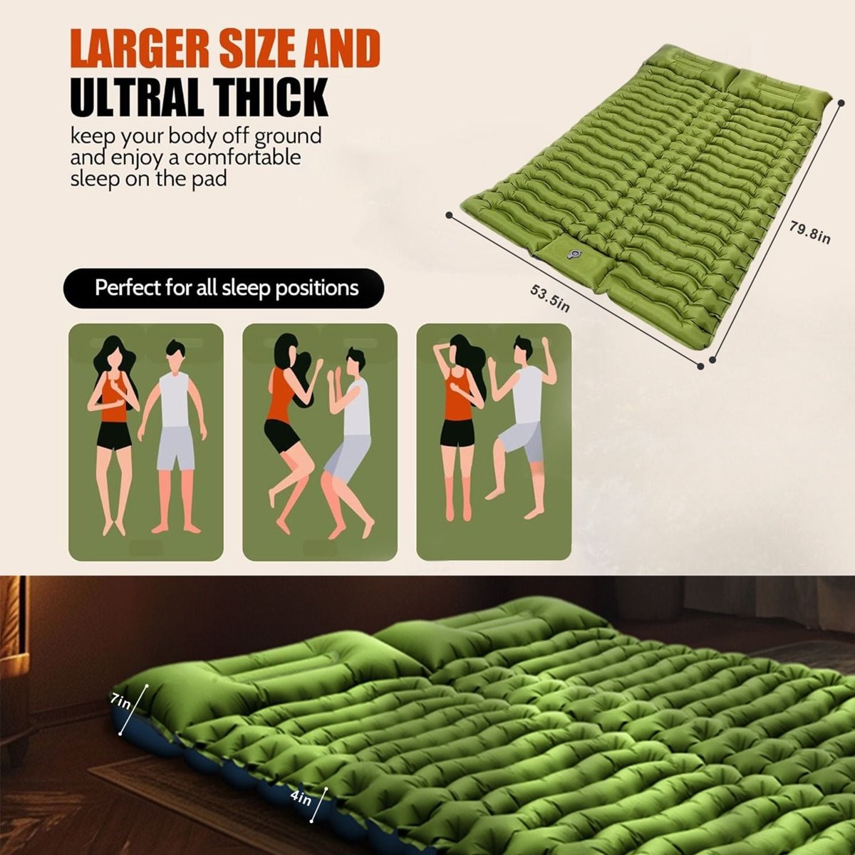 Single Inflatable Camping Mattress – Built-In Pillow + Foot Pump — sleeping pads, view 11