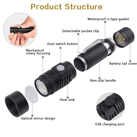 Super Bright Zoomable LED Tactical Flashlight - 90,000 lm (Rechargeable) — flashlights, angled view
