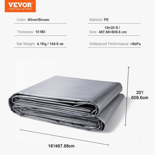 VEVOR 10-Mil Waterproof Tarp - 16' x 20', UV-Resistant Poly w/ Metal Grommets — tarps, angled view