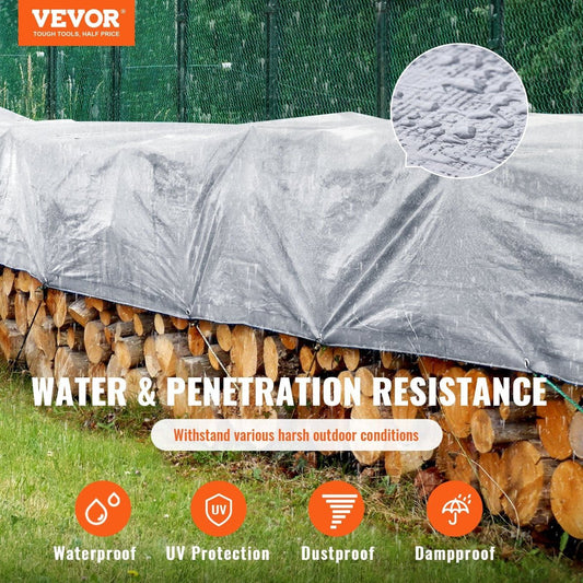 VEVOR 10-Mil Waterproof Tarp - 20' x 30', UV-Resistant Poly w/ Metal Grommets — tarps, angled view