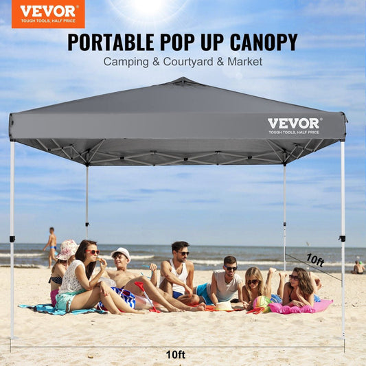 VEVOR 10'×10' Pop-Up Canopy Tent - UPF 50+, CPAI-84, Wheeled Bag & Sandbags — gray, canopies, angled view