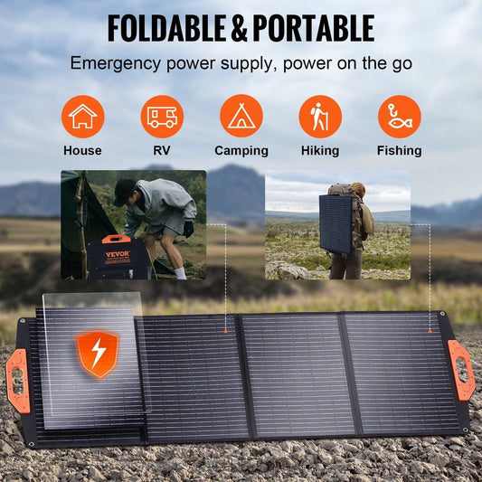 VEVOR 120W Foldable Monocrystalline Solar Panel - ETFE, IP67, USB QC3.0, Type-C & 18V DC — panels, angled view