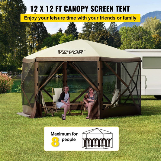 VEVOR 12'×12' Camping Gazebo Screen Tent - 6-Sided Pop-Up Shelter — gazebos, angled view