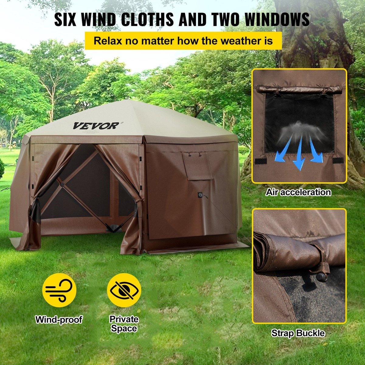 VEVOR 12'×12' Camping Gazebo Screen Tent - 6-Sided Pop-Up Shelter — brown, gazebos, back view