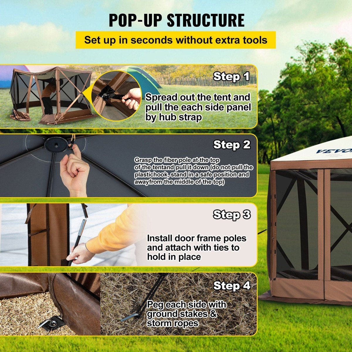 VEVOR 12'×12' Camping Gazebo Screen Tent - 6-Sided Pop-Up Shelter — gazebos, detail