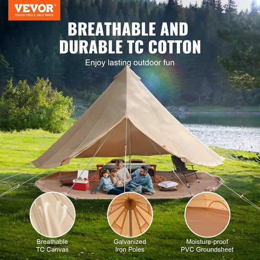 VEVOR 5m Canvas Bell Tent - TC Cotton, 5" Stove Jack, 8-Person — tan, tents, angled view