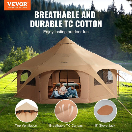 VEVOR 5M TC Canvas Bell Tent - 8-Person Yurt with Stove Jack & Oxford Floor — tan, tents, angled view