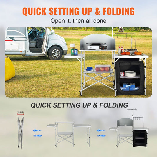 VEVOR Folding Camp Kitchen Station - Portable Cooking Table with Windscreen & Storage — furniture, angled view